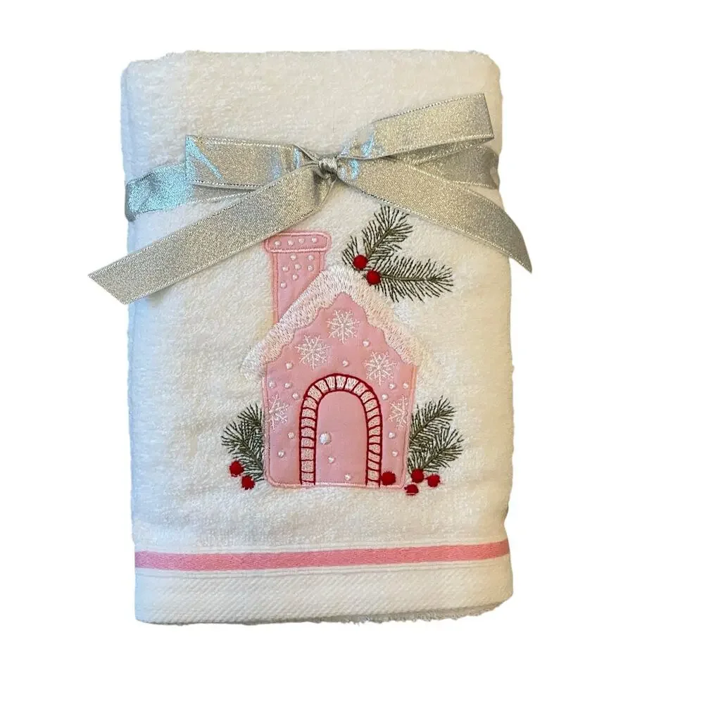 Christmas Hand Towels Pink Embroidered Gingerbread House 18x28 100% Cotton NEW